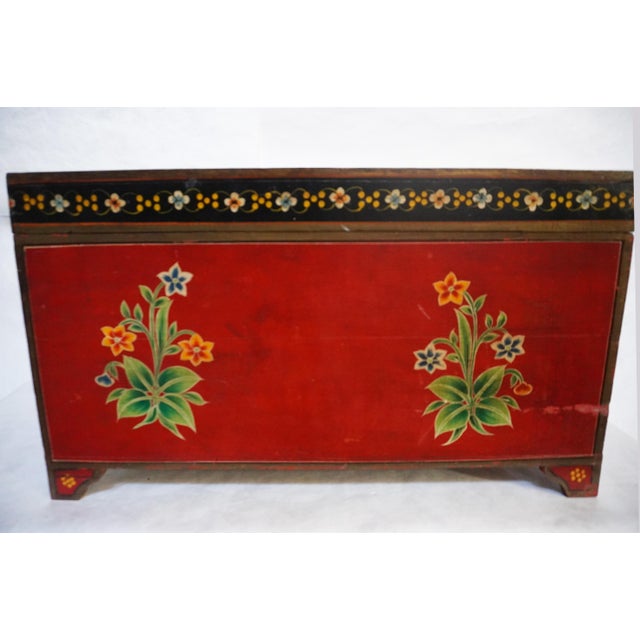 Folk Red Painted Chest With Floral Motifs For Sale - Image 15 of 17