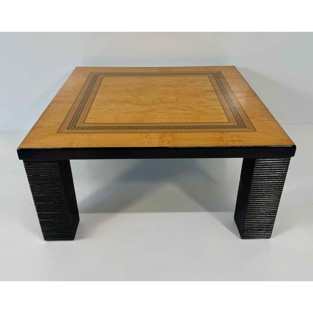 Coffee Table in Ash Burl, Wood Inlay and Black Lacquer, 1980s For Sale - Image 3 of 15