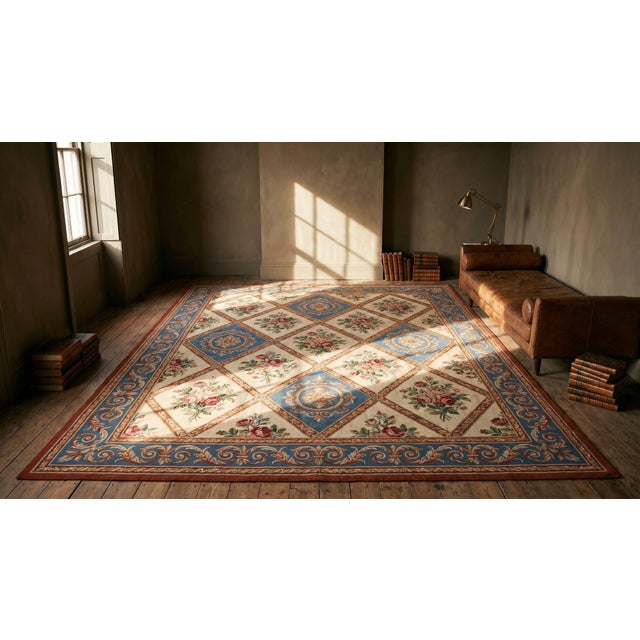 1850s Blue Floral Diamond Antique European Needlepoint Rug 12'8" X 14'0" Handwoven Wool Carpet For Sale In New York - Image 6 of 7