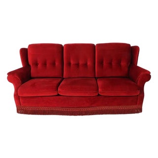 1960s Mid Century Tufted Back Ruby Red Sofa For Sale