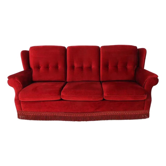 1960s Mid Century Tufted Back Ruby Red Sofa For Sale