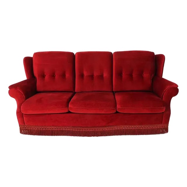 Danish Mid Century Tufted Back Ruby Red Sofa For Sale