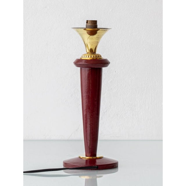 Gold Burgundy Leather Table Lamp from Maison Lancel, 1940s For Sale - Image 8 of 13