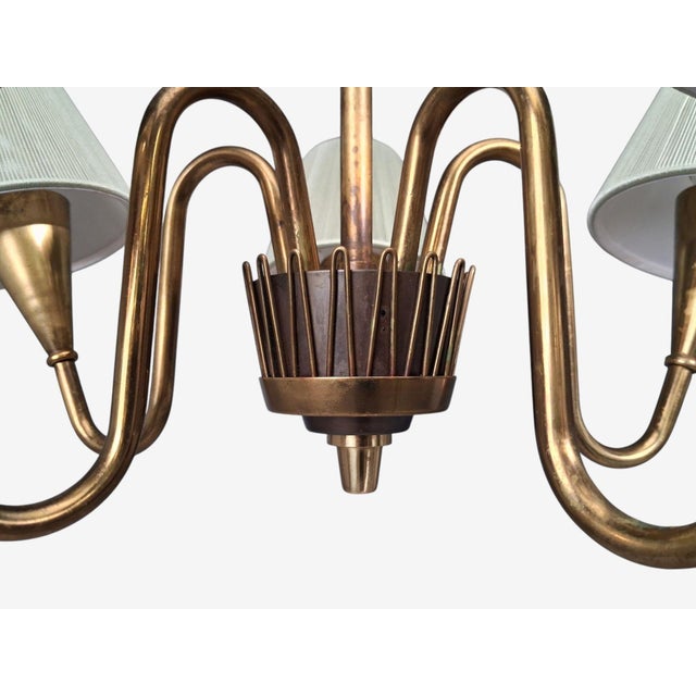 1950s Swedish Modern, Five Arm Chandelier, Patinated Brass For Sale - Image 9 of 13
