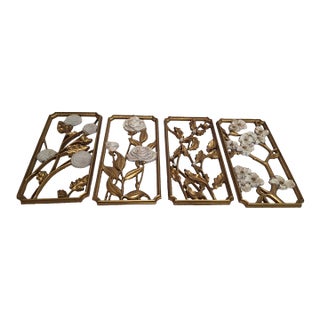 Dart Industries Four Seasons Wall Plaques, Gold & White Florals, Set of 4 For Sale