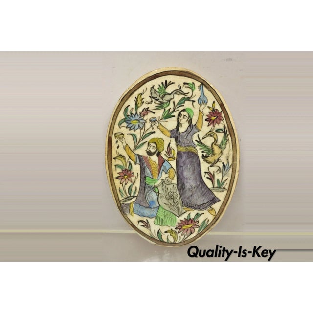 Antique Persian Iznik Qajar Style Ceramic Pottery Oval Tile Jugs Man & Woman C3 For Sale - Image 10 of 10