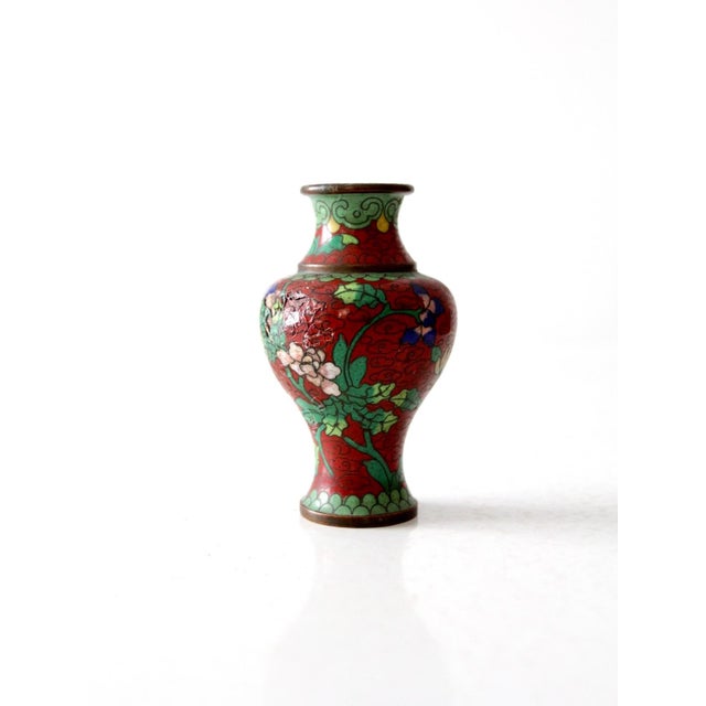 Vintage Chinese Cloisonné Vase Red Floral For Sale - Image 4 of 7