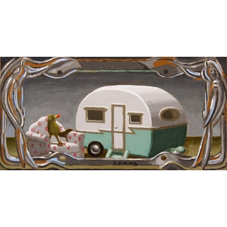 Glamping by Shawn Sullivan | Oil on panel with painted sides Painting of a vintage trailer and a bird. For Sale