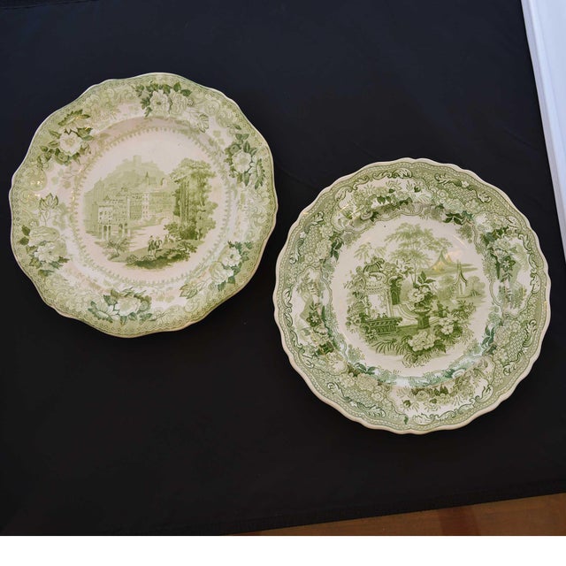 Early 19th Century Antique Green Transferware Dinner Plates A Pair