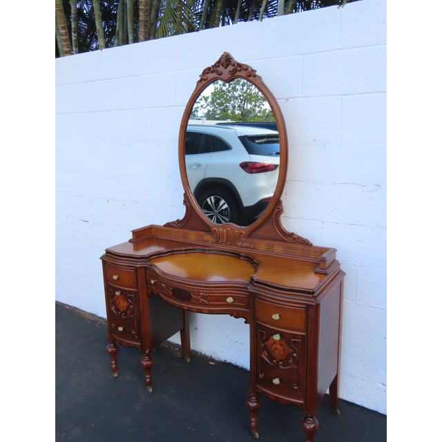 Jacobean Early 1900s Carved Inlay Vanity Makeup Table 6611 For Sale - Image 3 of 18