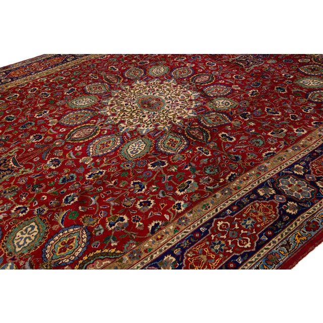 1950s Hand-Knotted Persian Tabriz Vintage Wool Rug in Red With Allover Design For Sale - Image 5 of 7