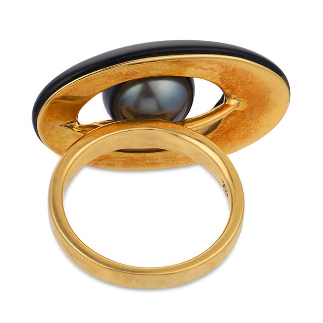 Vintage Tahitian Pearl Diamond Onyx 18k Yellow Gold Ring, Size 9 For Sale In Los Angeles - Image 6 of 7