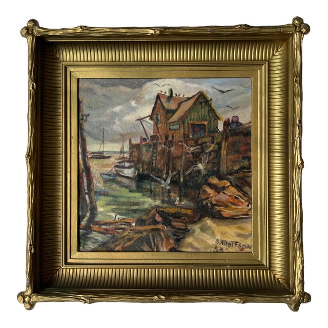 1950's S. Wolfson Fishing Dock Coastal Landscape Oil Painting For Sale