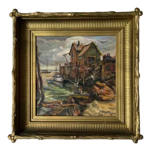 1950's S. Wolfson Fishing Dock Coastal Landscape Oil Painting