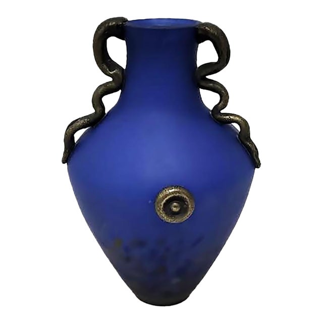 1980s Design Guild Romania 14" Cobalt Blue Scavo Glass Amphora Vase With Serpentine Handles For Sale