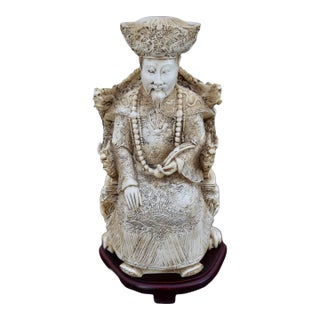 Vintage Emperor Resin Statue Chinese Faux Ivory Carved Figurine Dragon Throne For Sale