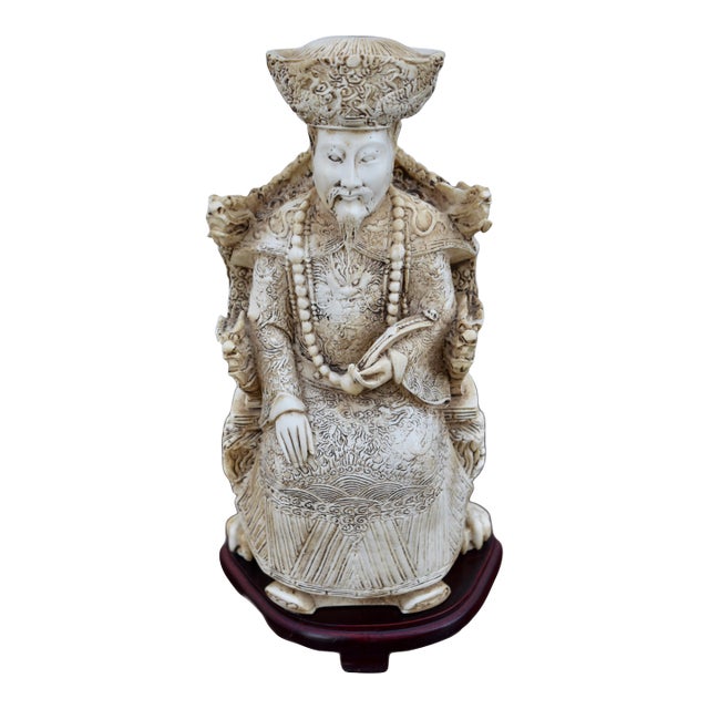 Vintage Emperor Resin Statue Chinese Faux Ivory Carved Figurine Dragon Throne For Sale