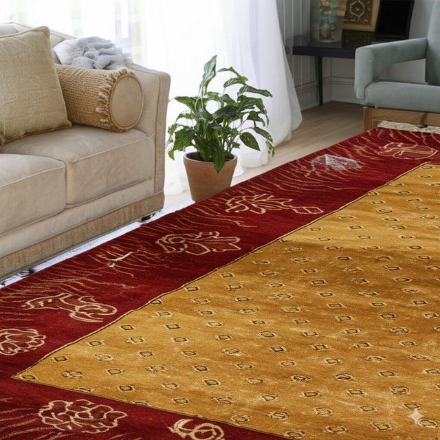 Textile 6x9 Yellow Hand-Knotted Wool Floral Border Classic Traditional Modern Carpet Rug For Sale - Image 7 of 7