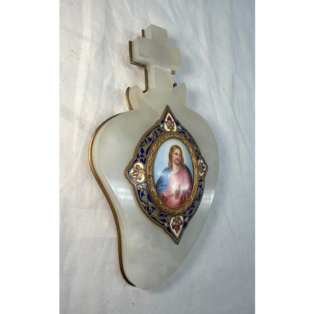 Rare Antique 1800's French Jade Bronze Enamel Champleve Mini Jesus Painting Art For Sale - Image 4 of 10