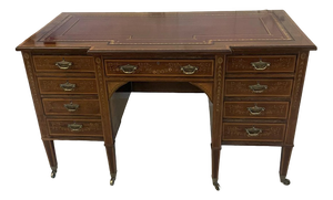Antique Victorian Mahogany Inlaid Kneehole Desk by Edwards and Roberts, 1880s