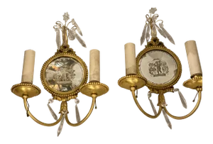 1920's Caldwell Etched Mirror and Gilt Bronze Sconces With Cherub