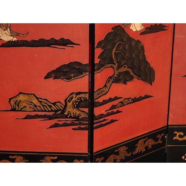 84"Tall Vintage Six Panel Oriental Asian Red Folding Screen Room Divider Palace For Sale - Image 13 of 18