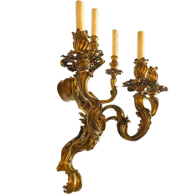 Pair 19th Century French Rococo Revival Gilt Bronze Five-Light Wall Sconces For Sale - Image 4 of 11