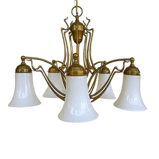 1920s Bronze Art Nouveau German 5-Arm Chandelier, Milk Glass Shades For Sale