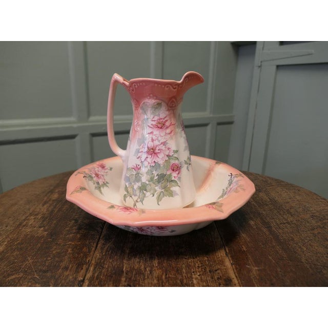 1920s Ironstone Pitcher and Bowl with Hand-Painted Pink Roses, 1920, Set of 2 For Sale - Image 5 of 9