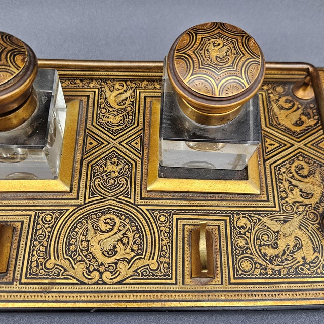 Victorian-Era Inkwell with Boulle Inlays in Ebonized Wood and Brass, Set of 8 For Sale - Image 13 of 16