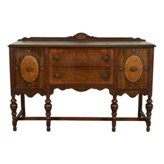 Berkey & Gay Style Antique English Jacobean Carved Walnut and Burl Wood Sideboard, Circa 1920s For Sale