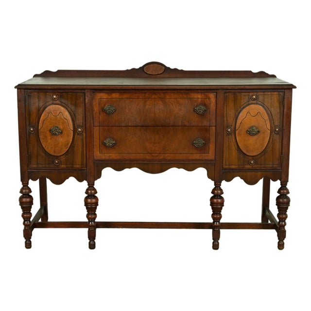 Berkey & Gay Style Antique English Jacobean Carved Walnut and Burl Wood Sideboard, Circa 1920s For Sale