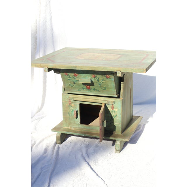 Rustic European Hand Painted Scandinavian Green Antique Bread Making Table With Drawers and Cabinet For Sale - Image 3 of 12
