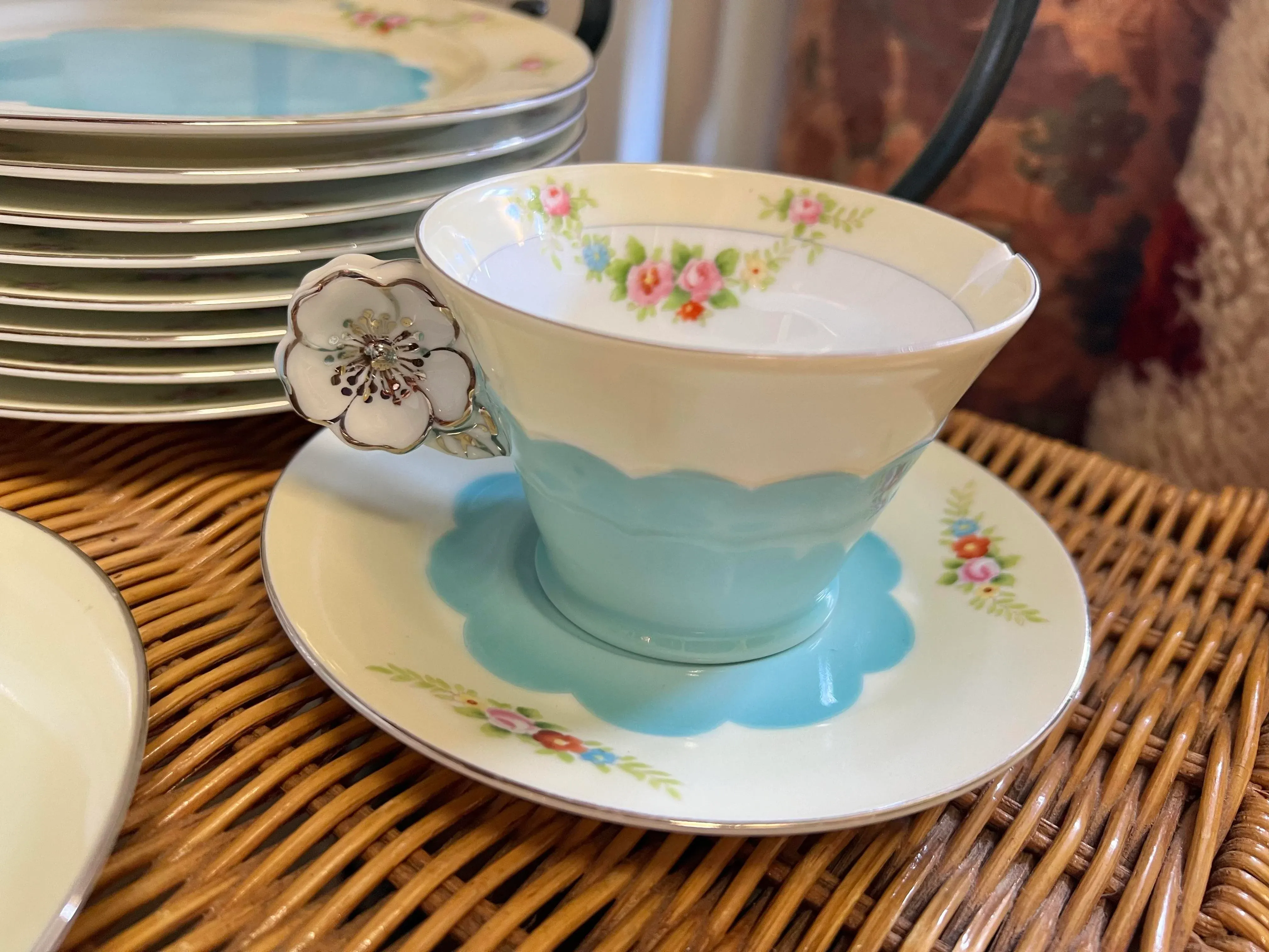 1920s Floral & Turquoise Noritake Dessert /Tea Set - 27 Pieces