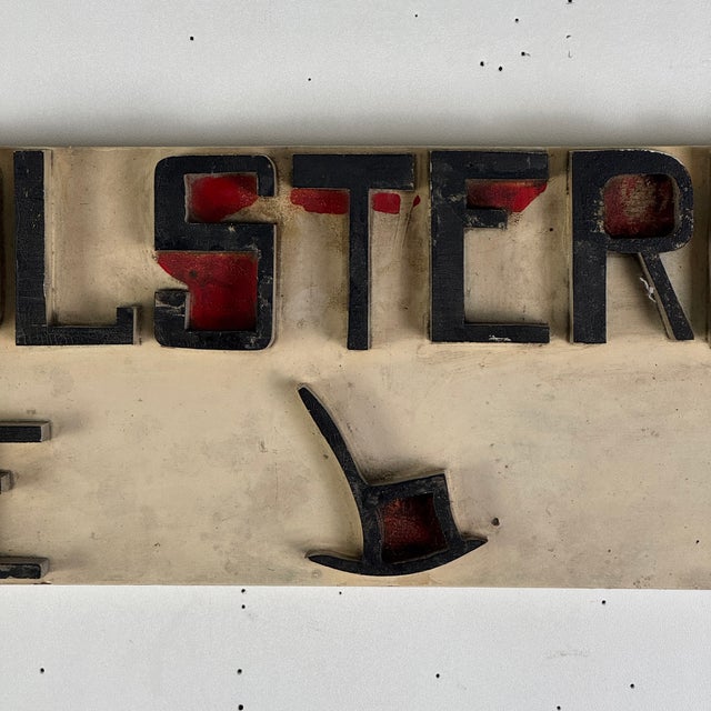 Folk Art Antique Folk Art Trade Sign Advertising "Upholstering" in Raised Letters, Sawtooth Details & Rocking Chair For Sale - Image 3 of 11