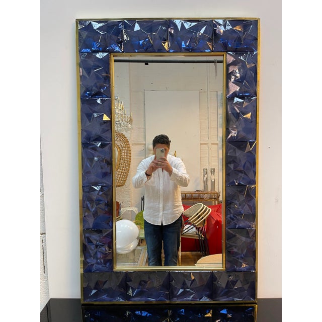 Contemporary Brass & Blue Murano Glass Wall Mirror For Sale - Image 11 of 11
