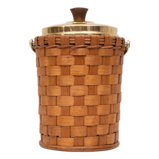 Wicker Ice Bucket in Brass with Lid and Ice Tongs, 1960s, Set of 3 For Sale