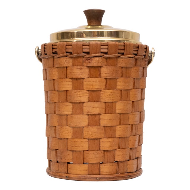 Wicker Ice Bucket in Brass with Lid and Ice Tongs, 1960s, Set of 3 For Sale