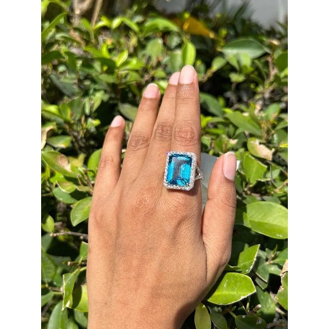 Not Yet Made - Made To Order 14k Yellow Gold 15.41 CTW Blue Topaz Halo Diamond Cocktail Ring Size 7 For Sale - Image 5 of 15