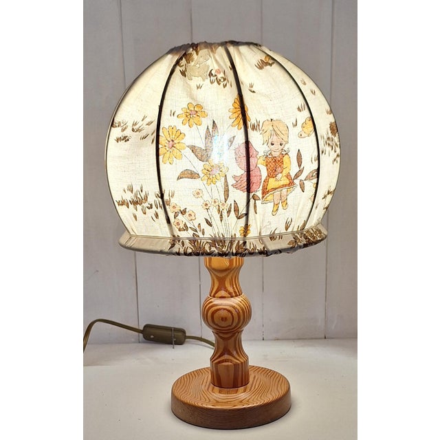 Beige Vintage Turned Pine Table Lamp with Fabric Shade, 1970s For Sale - Image 8 of 8