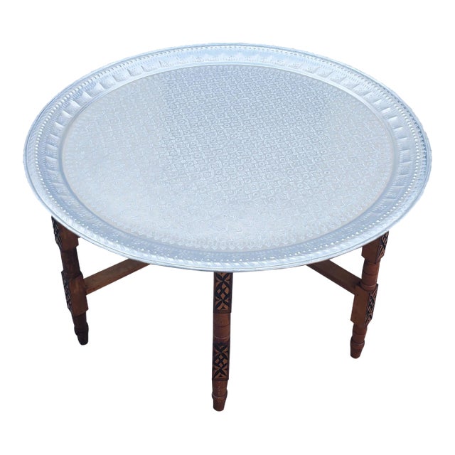Moroccan Silver Tray Table With Wooden Folding Base in Silver Finish For Sale