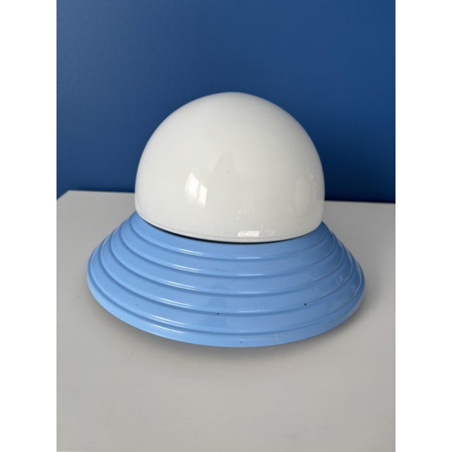1970s Vintage Blue Metal Wall Light with Opaline Globe 1970s Design Light Fixture For Sale - Image 5 of 9