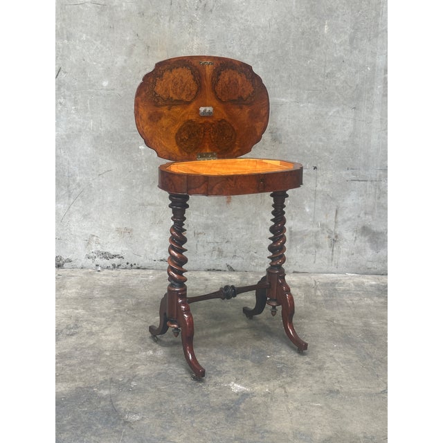 19th C English Burl Walnut Sewing Table Barley Twist Legs 1857 For Sale - Image 13 of 15