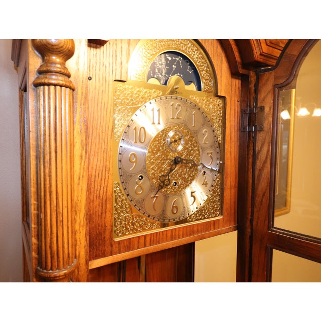 Herman Miller 1990s Howard Miller Oak Grandfather Clock With Kieninger Triple Chime Movement and Moon Dial For Sale - Image 4 of 18