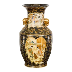 Japanese Inspired Black and Gold Vase with Family Scenes and Foo Dog Handles