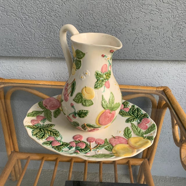 1980s Bordallo Fruit & Flower Pitcher & Platter Set- 2 Pieces For Sale - Image 9 of 9