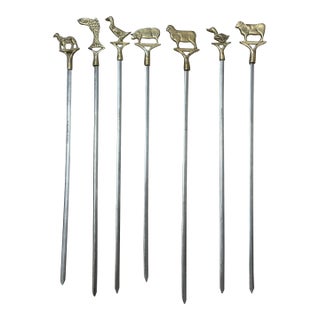 Vintage Brass Animal Top Skewers Set of 7 Brass & Steel For Sale
