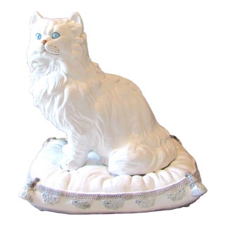 Vintage Italian Terra-Cotta Two Piece Sculpture Persian White Cat on a Pillow Circa 1960s For Sale