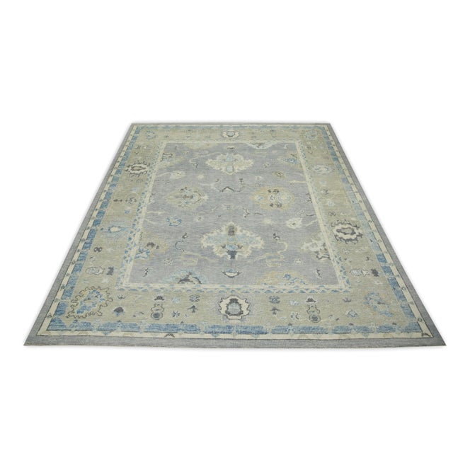 Early 21st Century Gray & Green Floral Design Handwoven Wool Turkish Oushak Rug 8' X 9'6" For Sale In Houston - Image 6 of 8