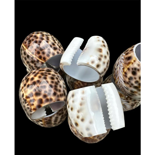 Large set of 10 natural Cowrie Seashell napkin rings. 6 are engraved with leaf motif and 4 are not giving you a variety to...